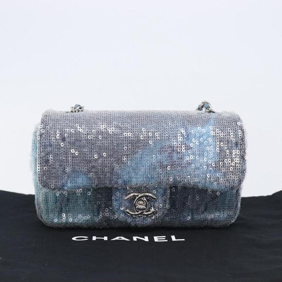 CHANEL Mini Matelasse Chain Shoulder Bag Sequin Blue Silver CC Auth yk20926M