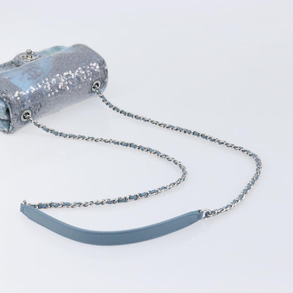 CHANEL Mini Matelasse Chain Shoulder Bag Sequin Blue Silver CC Auth yk20926M