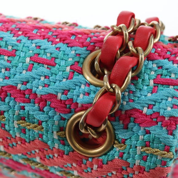 CHANEL Matelasse 25 Chain Hand Bag Tweed Pink Light Blue CC Auth yk20942SM