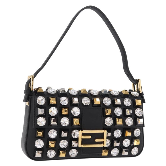 FENDI Mamma Baguette Studs Rhinestones Leather Black Gold 8BR600 Auth yk20953SM
