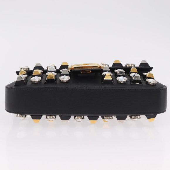 FENDI Mamma Baguette Studs Rhinestones Leather Black Gold 8BR600 Auth yk20953SM
