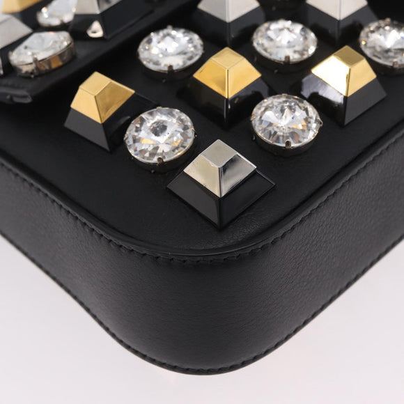 FENDI Mamma Baguette Studs Rhinestones Leather Black Gold 8BR600 Auth yk20953SM