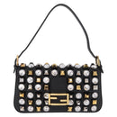 FENDI Mamma Baguette Studs Rhinestones Leather Black Gold 8BR600 Auth yk20953SM-2