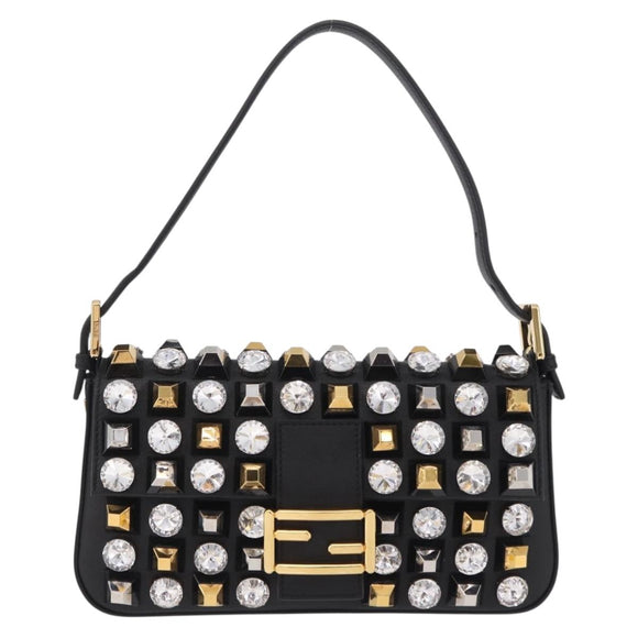 FENDI Mamma Baguette Studs Rhinestones Leather Black Gold 8BR600 Auth yk20953SM
