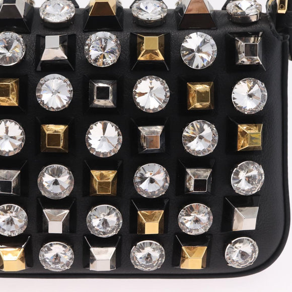 FENDI Mamma Baguette Studs Rhinestones Leather Black Gold 8BR600 Auth yk20953SM