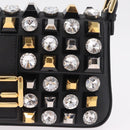 FENDI Mamma Baguette Studs Rhinestones Leather Black Gold 8BR600 Auth yk20953SM-22