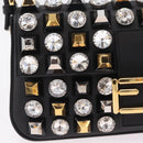 FENDI Mamma Baguette Studs Rhinestones Leather Black Gold 8BR600 Auth yk20953SM-23