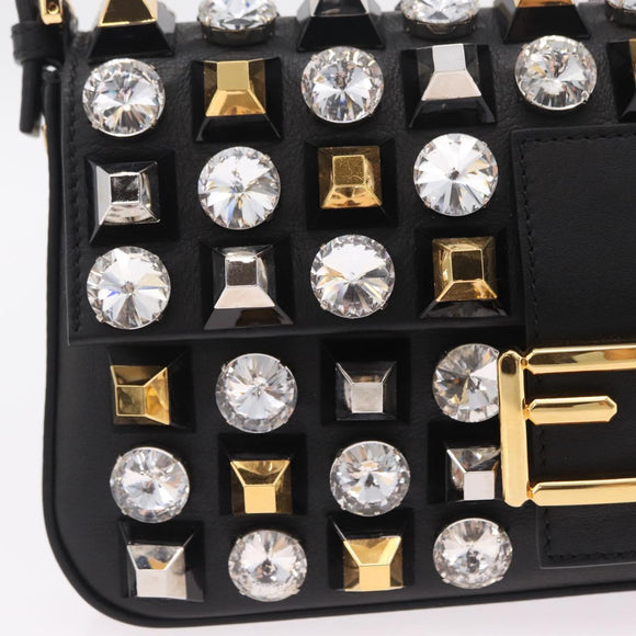 FENDI Mamma Baguette Studs Rhinestones Leather Black Gold 8BR600 Auth yk20953SM