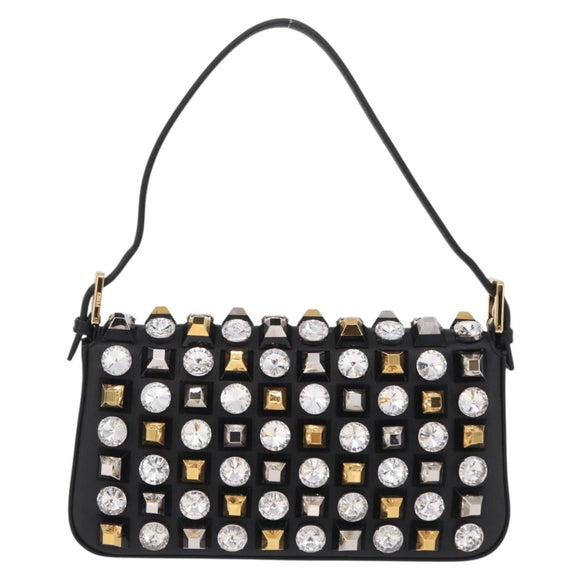 FENDI Mamma Baguette Studs Rhinestones Leather Black Gold 8BR600 Auth yk20953SM