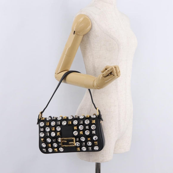 FENDI Mamma Baguette Studs Rhinestones Leather Black Gold 8BR600 Auth yk20953SM