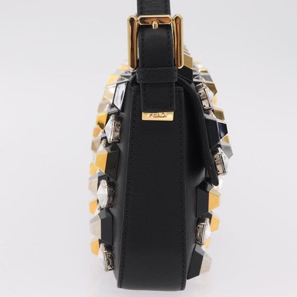 FENDI Mamma Baguette Studs Rhinestones Leather Black Gold 8BR600 Auth yk20953SM