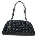 CHANEL Matelasse Mademoiselle Bowling Bag Patent Black Silver CC Auth yk20960V-13