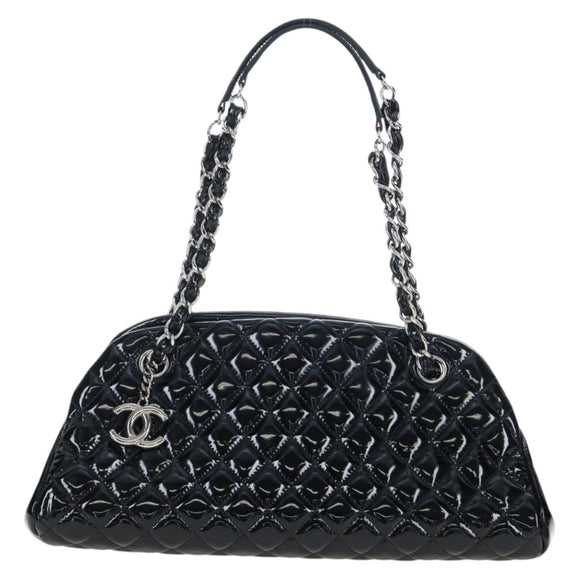 CHANEL Matelasse Mademoiselle Bowling Bag Patent Black Silver CC Auth yk20960V
