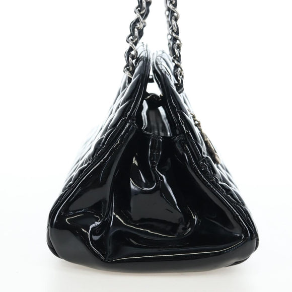 CHANEL Matelasse Mademoiselle Bowling Bag Patent Black Silver CC Auth yk20960V