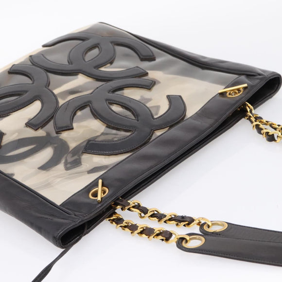 CHANEL Triple Coco Chain Shoulder Bag Leather Black Gold CC Auth yk20964V