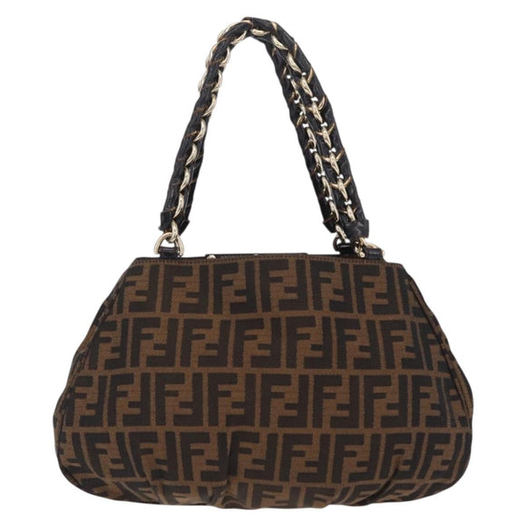 FENDI Zucca Canvas Chain Mia Hand Bag Black Brown Auth yk20978SAV