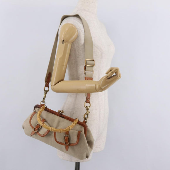 Miu Miu Bamboo Hand Bag Cotton 2way Beige Gold Auth yk20980V