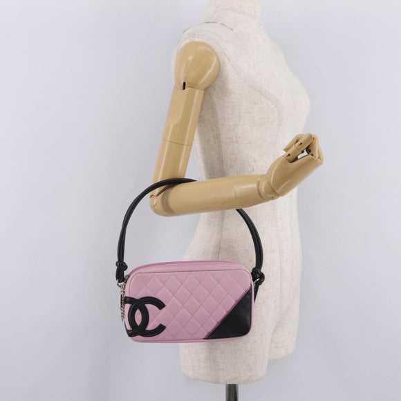 CHANEL Cambon Line Hand Bag Leather Pink Silver CC Auth yk20996V