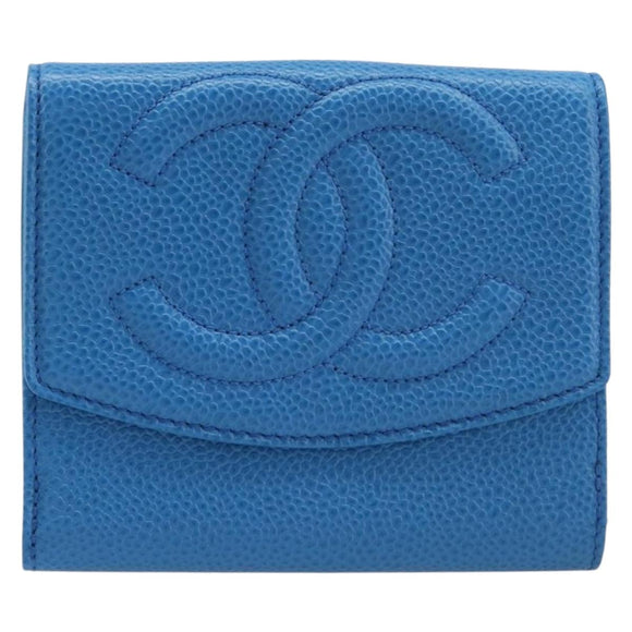 CHANEL COCO Mark Wallet Caviar Skin Blue Gold CC Auth yk21011M
