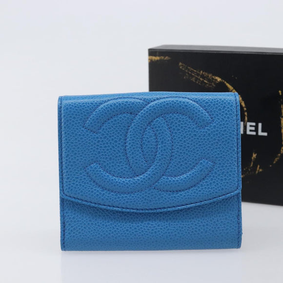 CHANEL COCO Mark Wallet Caviar Skin Blue Gold CC Auth yk21011M