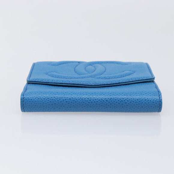 CHANEL COCO Mark Wallet Caviar Skin Blue Gold CC Auth yk21011M
