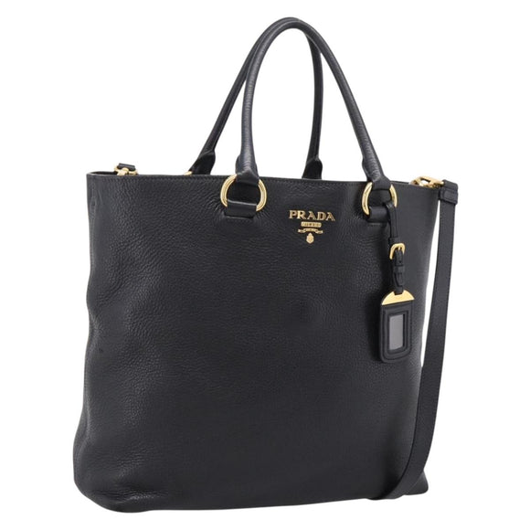 PRADA Tote Bag Leather 2way Black Gold Auth yk21027V