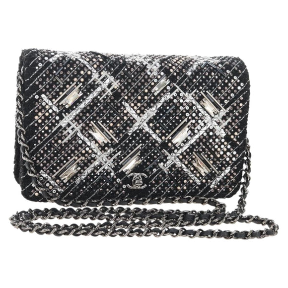 CHANEL Rhinestone Turn Lock Chain Bag Tweed Beads Black Silver CC Auth yk21033SM