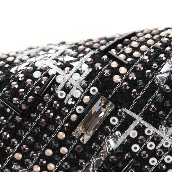 CHANEL Rhinestone Turn Lock Chain Bag Tweed Beads Black Silver CC Auth yk21033SM