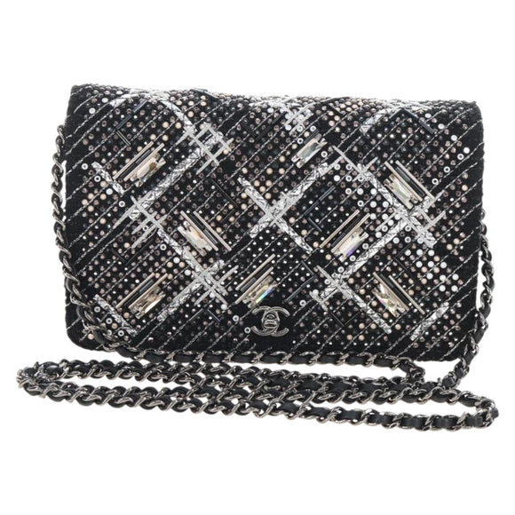 CHANEL Rhinestone Turn Lock Chain Bag Tweed Beads Black Silver CC Auth yk21033SM