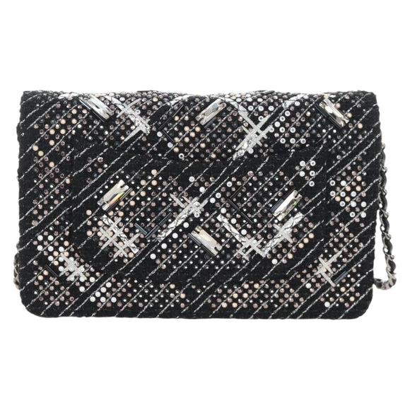 CHANEL Rhinestone Turn Lock Chain Bag Tweed Beads Black Silver CC Auth yk21033SM