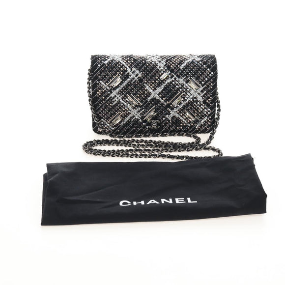 CHANEL Rhinestone Turn Lock Chain Bag Tweed Beads Black Silver CC Auth yk21033SM
