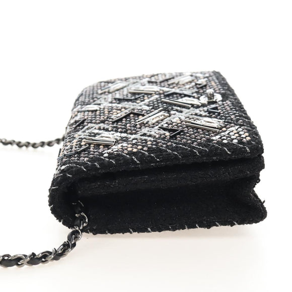 CHANEL Rhinestone Turn Lock Chain Bag Tweed Beads Black Silver CC Auth yk21033SM