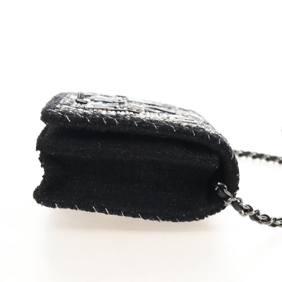CHANEL Rhinestone Turn Lock Chain Bag Tweed Beads Black Silver CC Auth yk21033SM