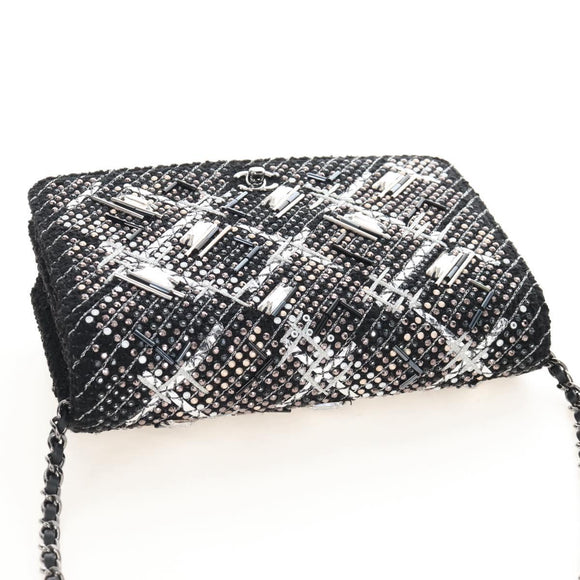 CHANEL Rhinestone Turn Lock Chain Bag Tweed Beads Black Silver CC Auth yk21033SM