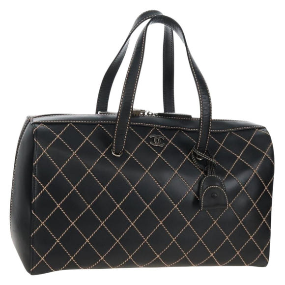CHANEL Wild Stitch Boston Bag Leather Black Gold CC Auth yk21043SAM