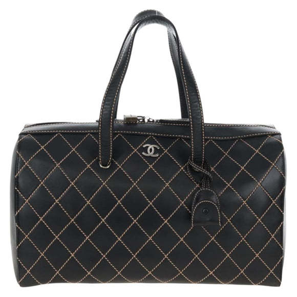 CHANEL Wild Stitch Boston Bag Leather Black Gold CC Auth yk21043SAM