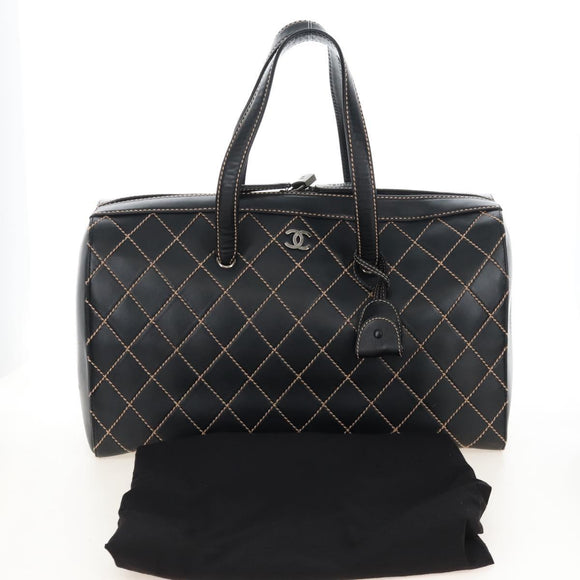 CHANEL Wild Stitch Boston Bag Leather Black Gold CC Auth yk21043SAM