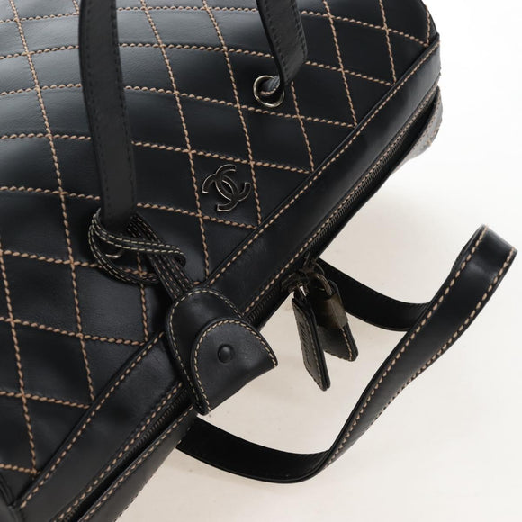 CHANEL Wild Stitch Boston Bag Leather Black Gold CC Auth yk21043SAM