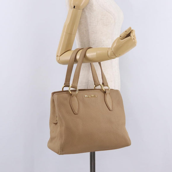 Miu Miu Madras Hand Bag Leather Beige Gold Auth yk21078