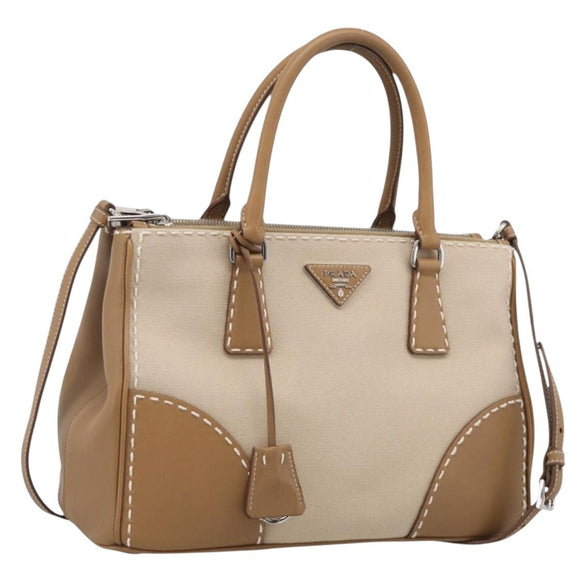 PRADA Galleria Hand Bag Canvas Leather 2way Beige Silver Auth yk21083SAV