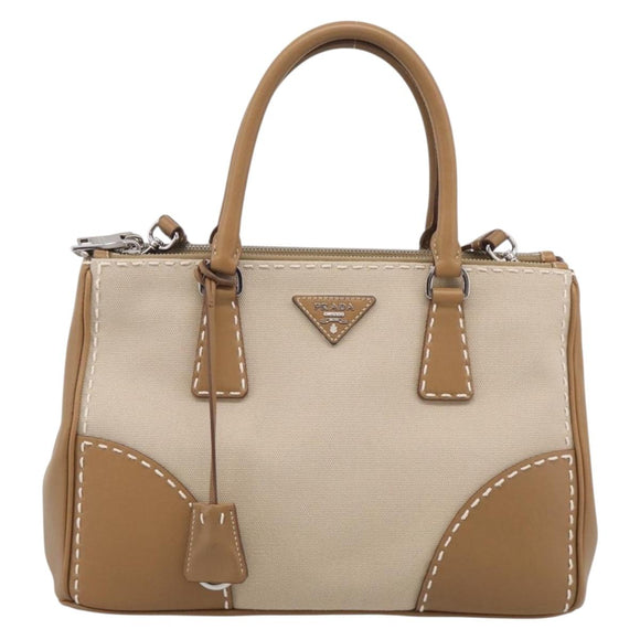 PRADA Galleria Hand Bag Canvas Leather 2way Beige Silver Auth yk21083SAV
