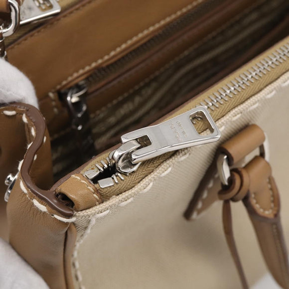 PRADA Galleria Hand Bag Canvas Leather 2way Beige Silver Auth yk21083SAV
