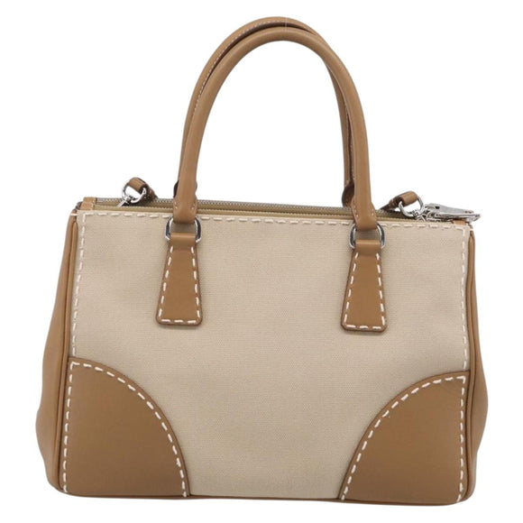 PRADA Galleria Hand Bag Canvas Leather 2way Beige Silver Auth yk21083SAV