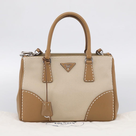 PRADA Galleria Hand Bag Canvas Leather 2way Beige Silver Auth yk21083SAV