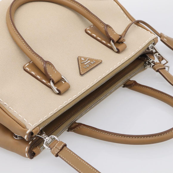 PRADA Galleria Hand Bag Canvas Leather 2way Beige Silver Auth yk21083SAV
