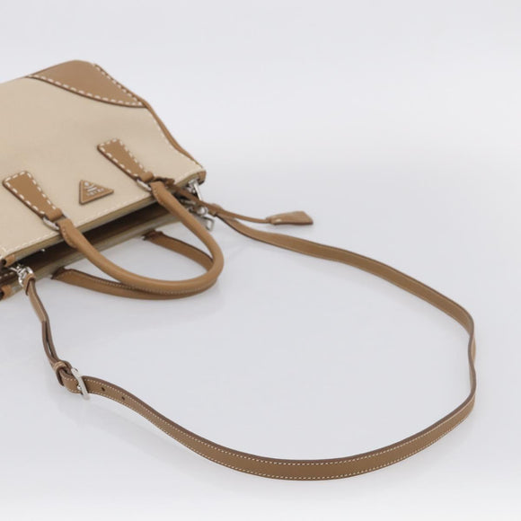 PRADA Galleria Hand Bag Canvas Leather 2way Beige Silver Auth yk21083SAV