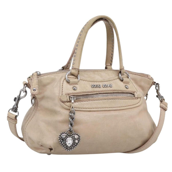 Miu Miu Madras Hand Bag Leather 2way Beige Silver Auth yk21091