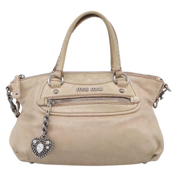 Miu Miu Madras Hand Bag Leather 2way Beige Silver Auth yk21091