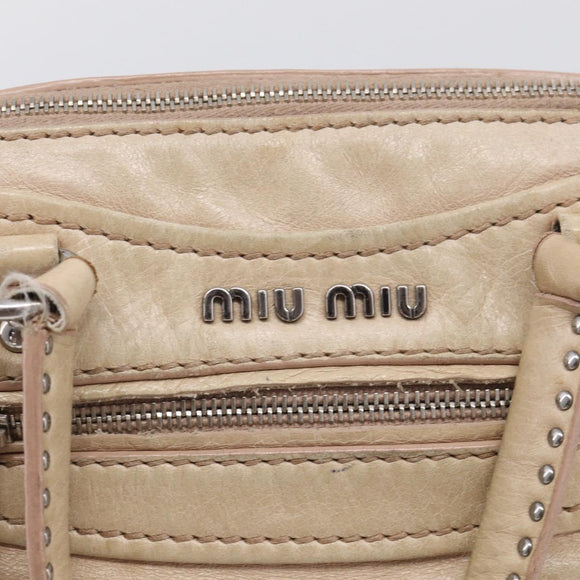 Miu Miu Madras Hand Bag Leather 2way Beige Silver Auth yk21091