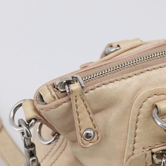 Miu Miu Madras Hand Bag Leather 2way Beige Silver Auth yk21091